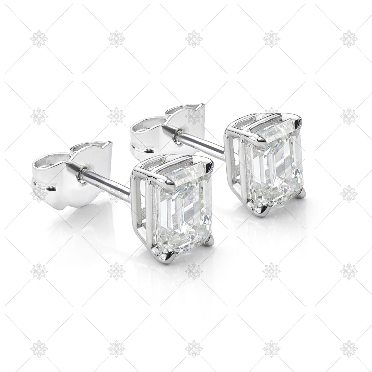 14k White gold earrings with 2 emerald cut, 8 round bril… | Drouot.com
